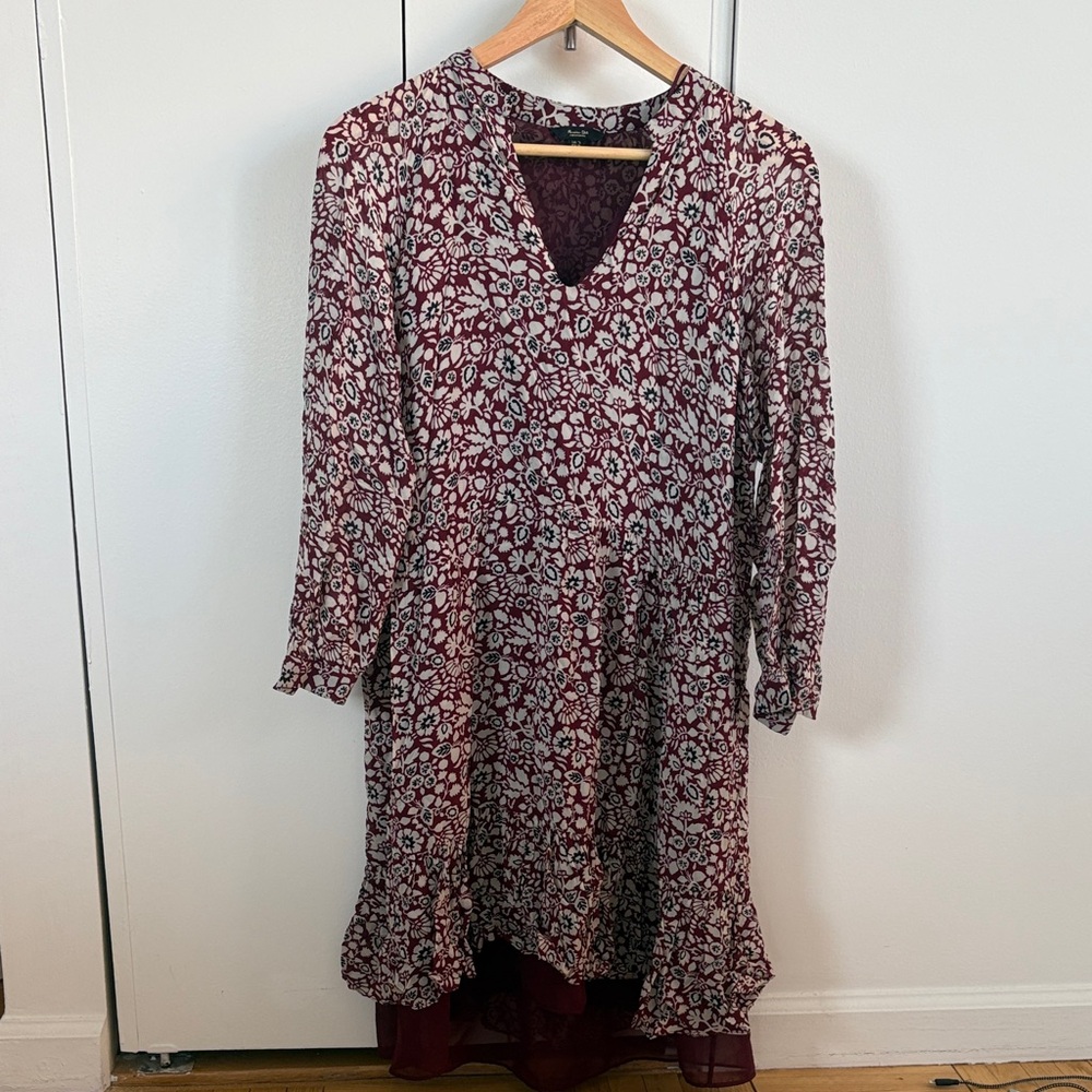 Massimo Dutti Burgundy Floral Long Sleeve Dress